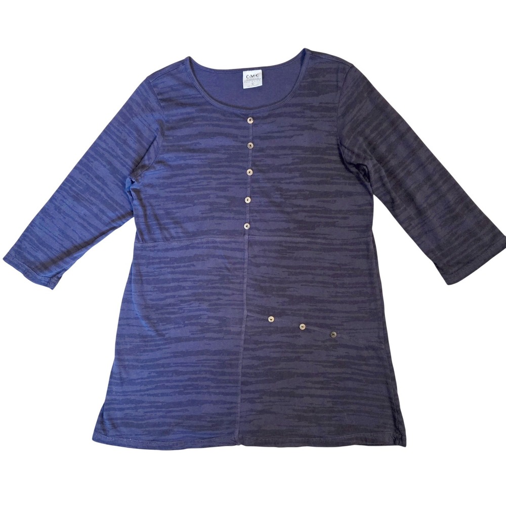 Color Me Cotton Lagenlook Blue Abstract Print 3/4 Sleeve Button Detail Tunic L